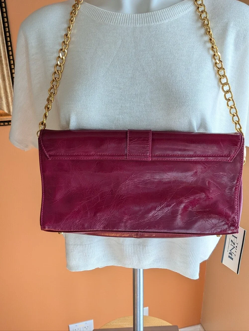 NEW The Find Burgundy Leather Shoulder Bag with Gold Chain